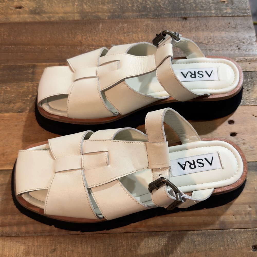 ASRA White Leather Woven Slingback Sandals